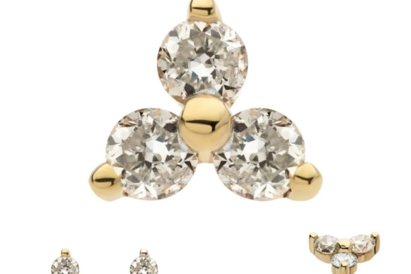 The 14K Trinity - Diamond stud earring set features three round lab grown diamonds in a triangular cluster. Image shows close-up, side views, and the matching pair. Text reads: Lab Grown Diamonds 14K Gold.