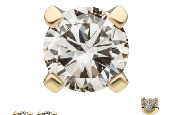 Close-up of a 14K Round Prong - Diamond lab-grown stud earring in a gold setting, with three smaller images showing different angles and the pair. Text: Lab Grown Diamonds 14K Gold.