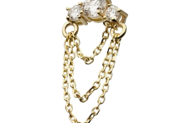 The 14K Triple Dangle - Diamond ear cuff features three sparkling diamonds and two fine gold chains draping between the ends, set in 14K gold and displayed against a white background.