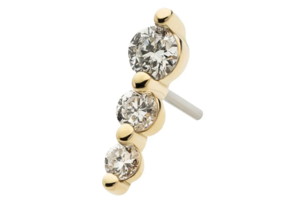 The 14K 3-Cluster Prong - Diamond stud earring showcases three round, clear diamonds in descending size, set vertically in individual prongs against a white background.