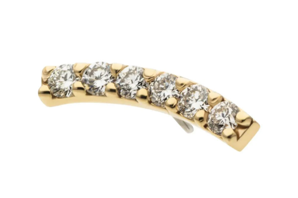 The 14k Curved Bar - Diamonds earring features six sparkling round white diamonds set in gold, displayed against a plain white background.