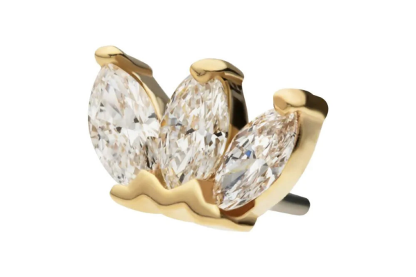 The 14K Triple Marquise Fan - Diamond is a gold stud earring featuring three marquise-cut diamonds in a row, set in a crown-like gold setting with a wavy accent at the base.