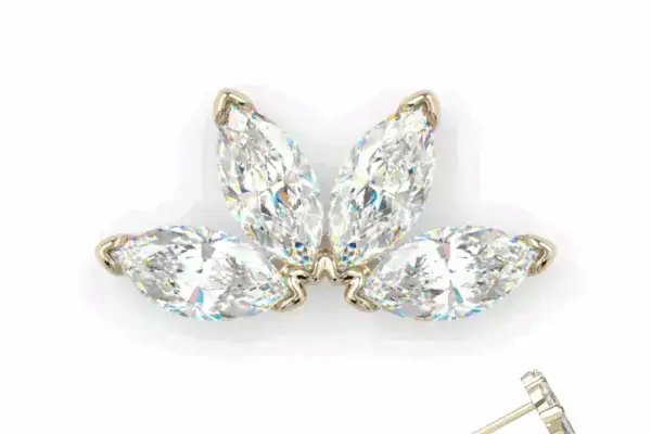 The Quad Marquise Fan is a 14K stud earring with three marquise-cut clear gemstones in a fan shape, shown from the side to highlight the post and backing.