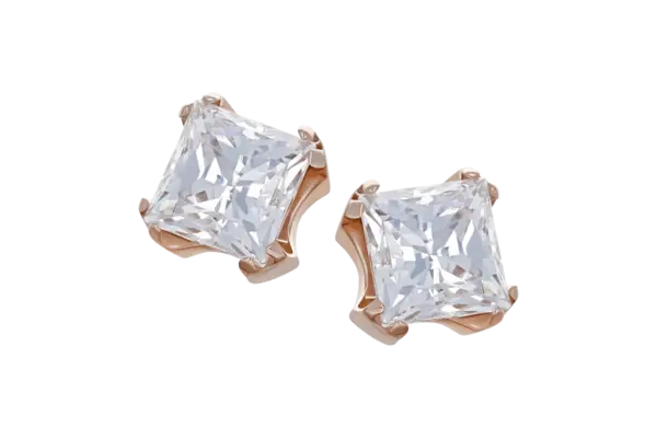 18k Princess End: Square-cut diamond stud earrings set in elegant 18K gold with rose gold prongs, showcased against a black background.