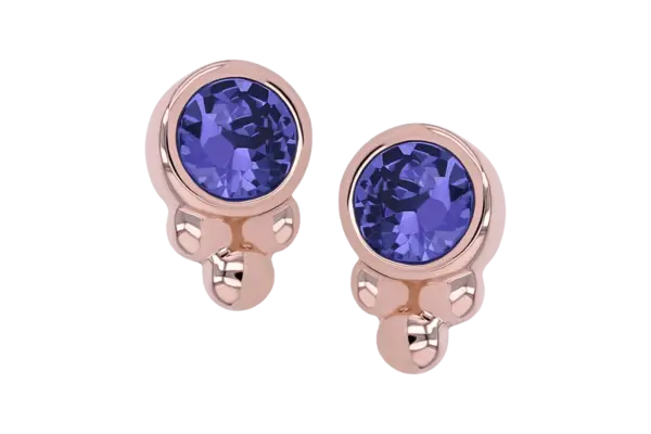 A pair of 18k Sabrina 1 End rose gold stud earrings with round, faceted blue-purple gemstones in bezel settings.