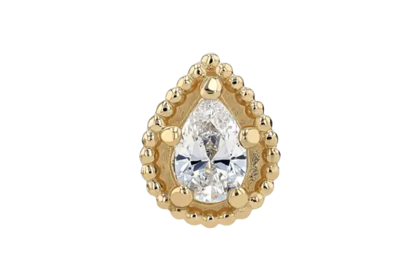 The 14k Sonoma End is a gold pear-shaped stud earring with a central clear gemstone and a beaded gold border, shown against a black background.