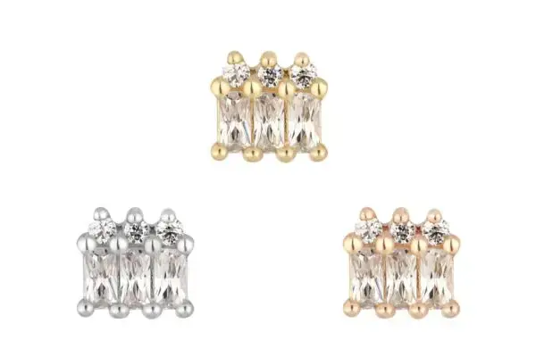 Three pairs of 14K Excess stud earrings with clear CZ stones, featuring rectangular and round accents in gold, silver, and rose gold finishes, arranged in a triangular pattern on a white background.