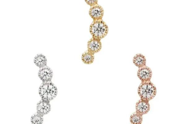Three 14K Infinity End earrings, each with three round diamonds of graduating sizes, are set in gold, silver, and rose gold. The earrings are presented against a white background.