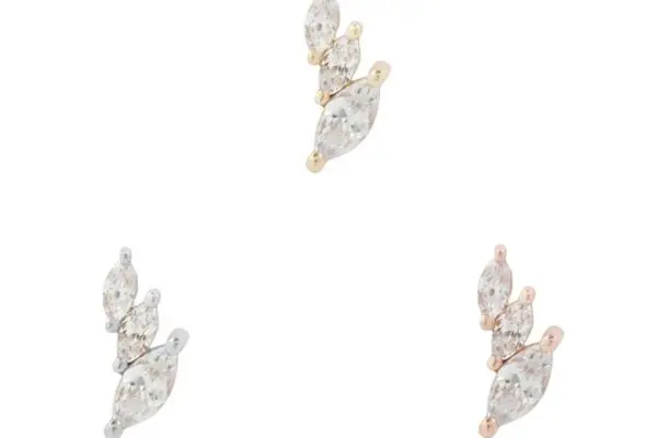 Three pairs of 14K Multiplicity stud earrings with marquise-shaped CZ stones in gold, silver, and rose gold tones are arranged in a triangle on a white background.