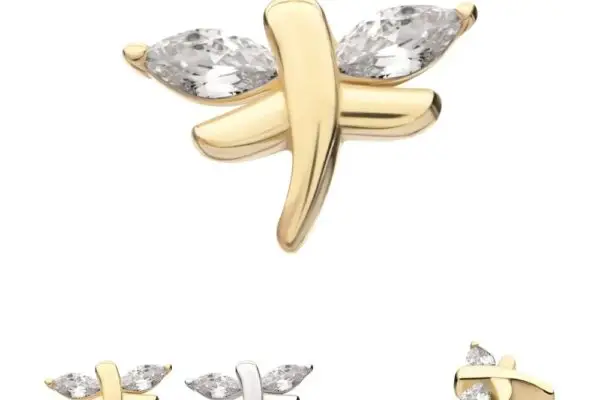 The 14K Dragonfly jewelry features two marquise-cut clear gemstones as wings, displayed from front, side, and angled views on a white background.