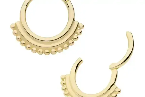 The 14K 15 Bead Clicker features a pair of gold hoop earrings with a decorative row of 15 beads along the bottom edge, displayed with one earring open and the other closed.