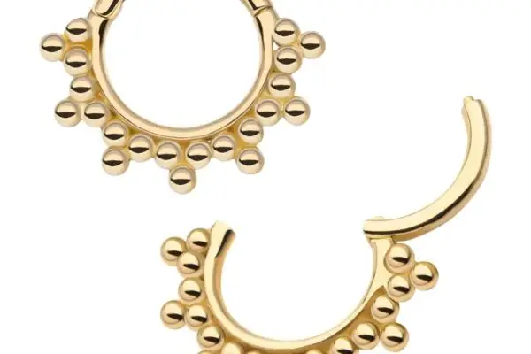 The 14K Tri-Bead Clicker gold hoop earrings feature small round beads along the base, shown on a white background with one earring open and the other closed.