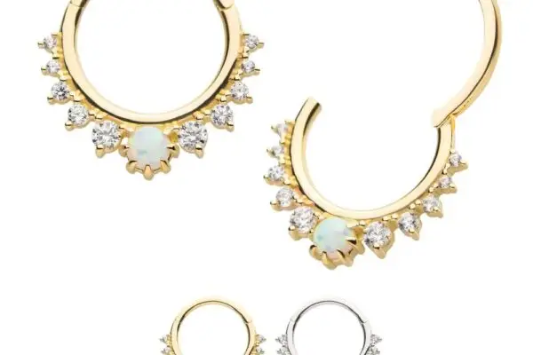 Two pairs of hoop earrings: the 14K Sunburst Clicker in gold, shown closed and partially open, both featuring a central opal with sparkling stones in a fan shape; the other pair is elegant silver.