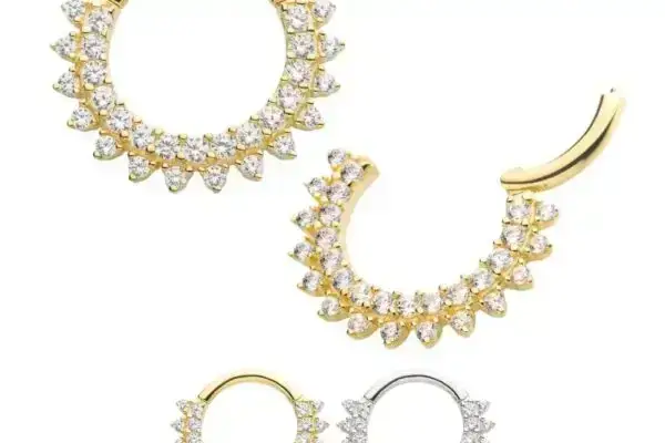 Four 14K Double Row Clicker earrings—two gold and two silver—each with a double row of clear, pointed stones, are shown open and closed on a white background.