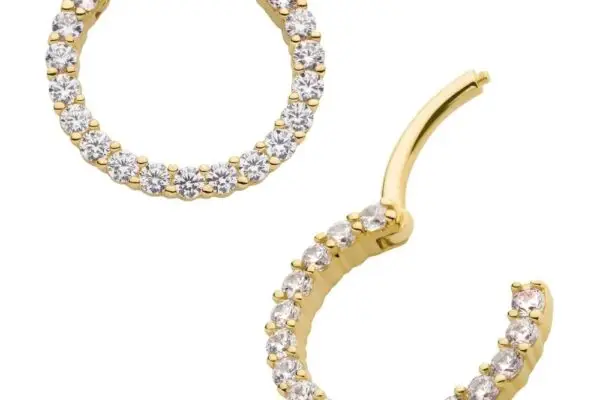 The 14K 17 Prong Clicker features hoop earrings crafted in 14K gold, adorned with small round clear stones along the edges in a prong-set design, showcased against a white background.
