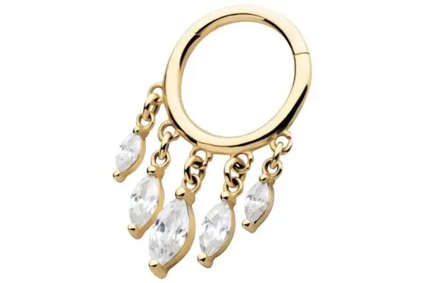 The 14K Marquise Dangle Clicker showcases four marquise-cut clear gemstones dangling from small gold loops, all set against a white background.