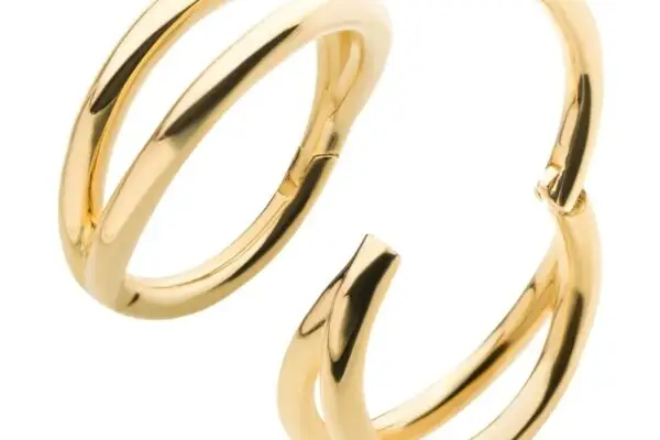 The 14K Double Hoop Clicker earrings feature a shiny double-band design and a secure hinged clasp.