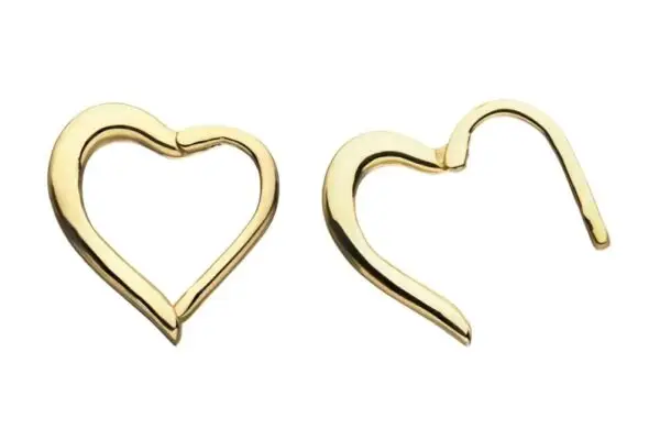 A 14kt gold right heart-shaped front-facing hinged segment ring displayed against a white background.