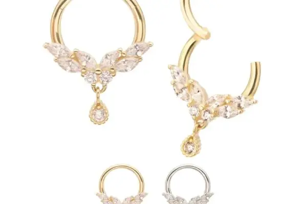 Four ornate hoop earrings with jeweled leaf designs and a dangling teardrop gem—shown in gold and silver finishes, both open and closed styles—including the 14K Marquise Butterfly Clicker, displayed on a white background.