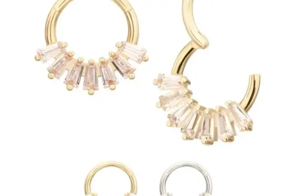 Four 14K 7 Baguette Clicker hoop earrings—two gold, one rose gold, and one silver—each with a semicircle of clear baguette-cut gemstones, displayed on a white background and perfect for any collection.
