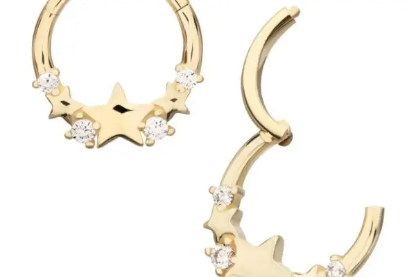 The 14K Staggered Star Clicker earrings feature a central star design and small round white gemstones set along the bottom half of each gold hoop.