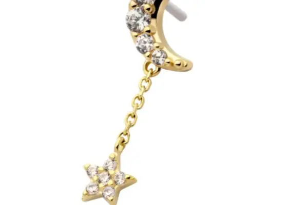 The 14K Crescent Moon and Star - Dangle earring features a crystal-studded crescent moon with a sparkling star charm, both connected by a delicate gold chain.