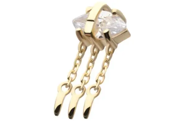 The 14K Marquise Evil Eye - Dangle earring features a clear marquise gemstone with three short gold chains ending in small gold loops, all set against a white background.