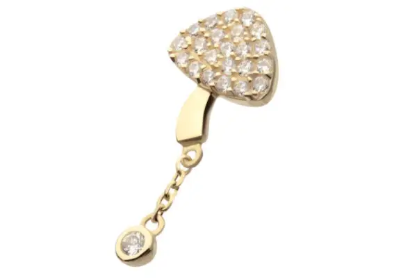 The 14K Mushroom Dangle features a triangular, diamond-studded top with a small round diamond charm suspended from a short chain.