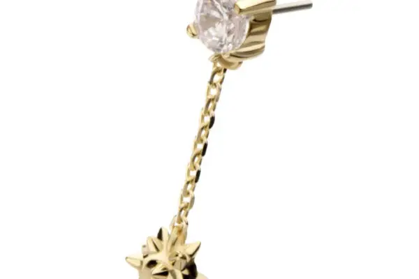 The 14K Mace Ball Dangle is a gold stud earring with a clear round gemstone and a short chain ending in a small gold spiked ball charm.