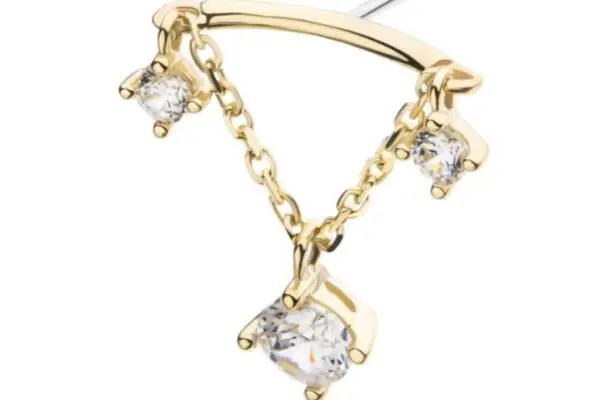 The 14K Hidden Floating Dangle earring features a triangular gold shape with three clear gemstones elegantly suspended on delicate chains, creating a hidden floating effect.