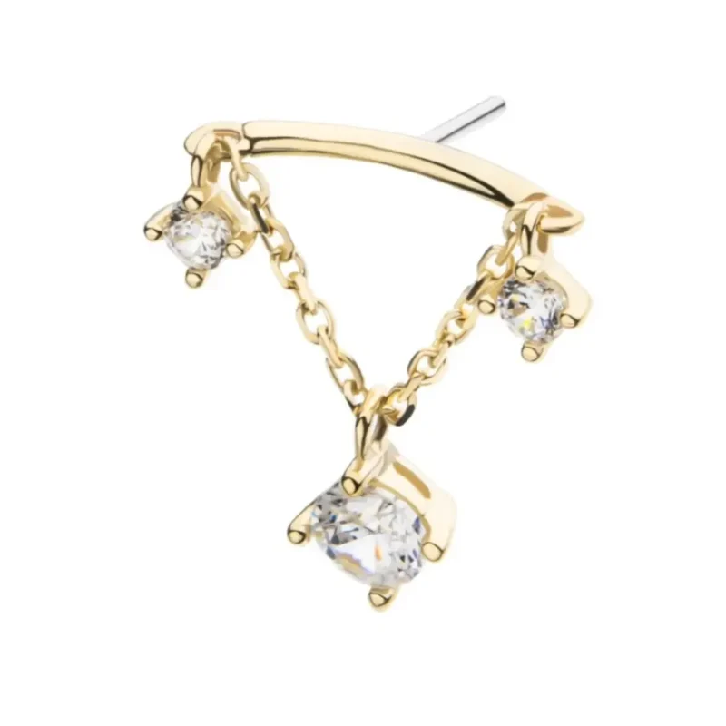 The 14K Hidden Floating Dangle earring features a triangular gold shape with three clear gemstones elegantly suspended on delicate chains, creating a hidden floating effect.