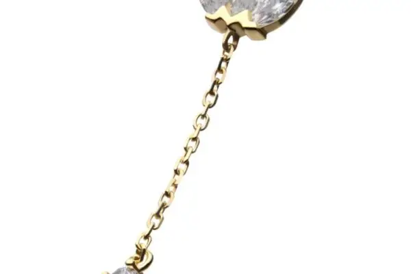 The 14K Triple Marquise Fan - Dangle features three marquise-cut clear stones in a fan shape, connected by a delicate gold chain to a single smaller stone at the end.