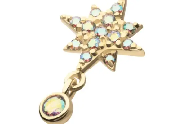The 14K North Star - Dangle charm, shaped like a gold star and accented with iridescent gemstones, features a small round gemstone hanging below, shown on a crisp white background.