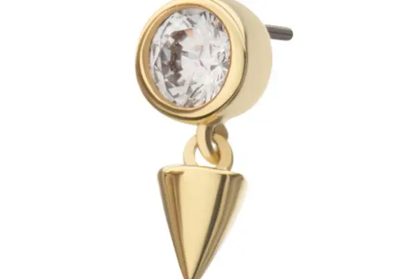 The 14K Spike Bezel Gem - Dangle features a round, clear gemstone set in a bezel with a sleek gold spike hanging below.