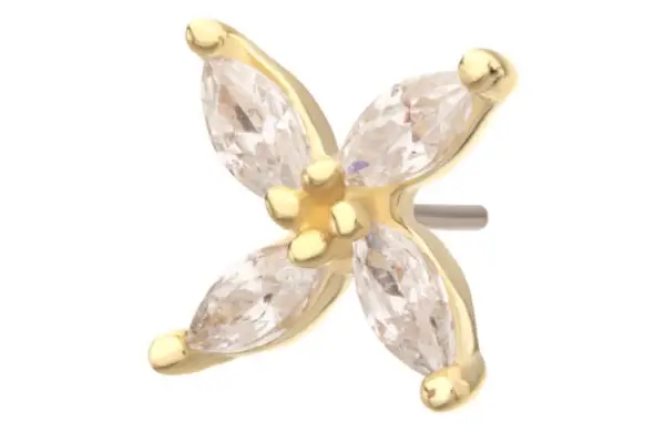 The 14K Flower Petal earring is a gold stud shaped like a four-petal flower, each petal made from marquise-cut clear gemstones with gold accents on the tips, displayed against a white background.