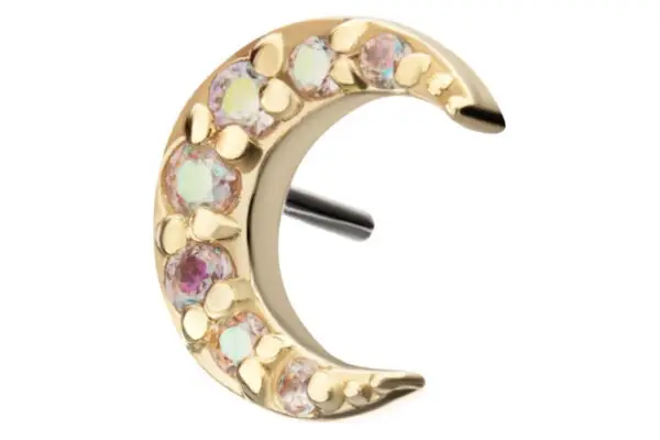 The 14K Crescent Gem Moon is a stud earring with iridescent gemstones and delicate accents, designed with a straight post for secure fastening.