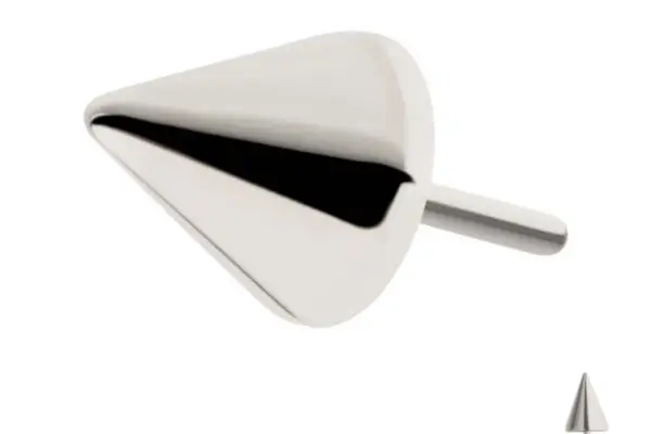 The Spike Top is a metallic, cone-shaped stud earring with a smooth, polished finish and straight post, displayed on a white background with a smaller duplicate in the bottom right corner.