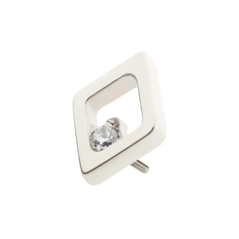 A modern, square-shaped silver earring inspired by the Rhombus Gem, featuring a hollow center and a small round clear gemstone at one corner, displayed on a white background.