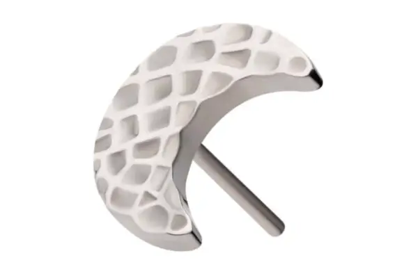 The Crescent Moon - Hammered is a titanium stud earring with a hammered, scale-like pattern on its crescent shape, reminiscent of a moon’s end, shown on a plain white background.