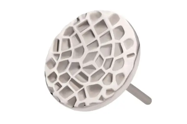 The Hammered Disk is a round, silver cabinet knob featuring a Titanium Hammered Disk End with a raised, irregular geometric pattern like cracked ice or mosaic, shown on a plain white background.