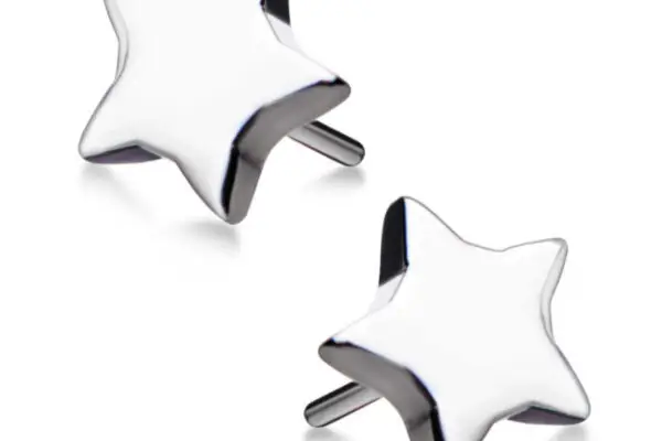 A pair of small, shiny silver Star stud earrings with smooth surfaces, named "Star - Small," displayed on a white background.