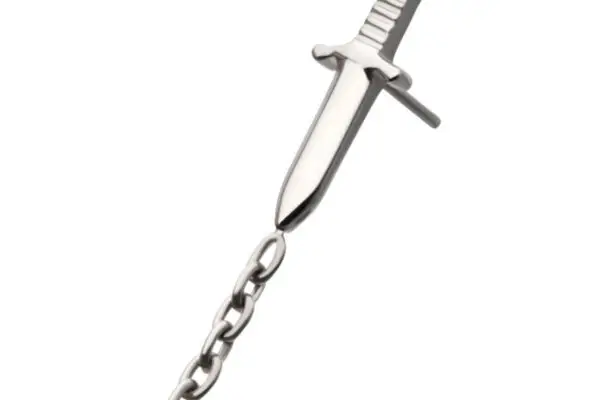 The Dagger with Chain is a metal keychain shaped like a titanium dagger, featuring a detailed handle and short chain at the base of the blade, displayed on a white background.