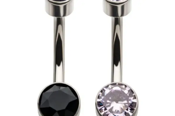 Two Double Gem Navel Curve - Cz belly rings: one with black gemstones, the other with light purple stones—each has a large bottom gem and small top gem set in curved silver bars.