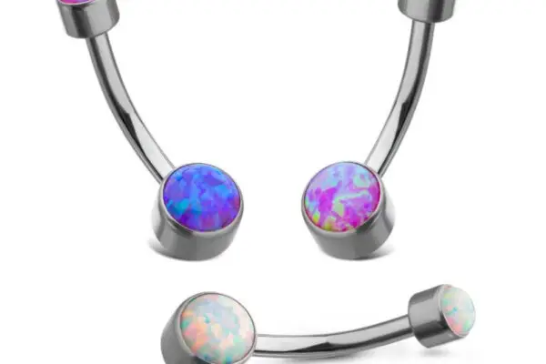 The Double Bezel Navel Curve - Opal features three curved barbells with shiny silver finishes, each adorned with round opal gems in blue, pink, and white at both ends, beautifully displayed against a white background.