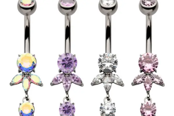 Four silver belly button rings with two gems each—one round stone above and a jeweled dangle below. From left: iridescent, light purple, clear, and pale pink gems. Perfect for pairing with a Triple Marquise Fan Dangle.