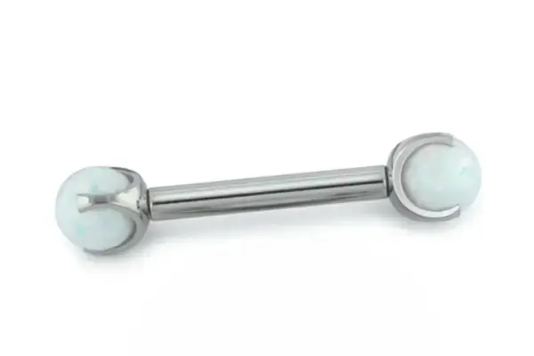 The Opal Claw Set Nipple Barbell features a silver straight bar with round, opalescent white ends—one in a prong setting and the other in a bezel—shown on a plain white background.