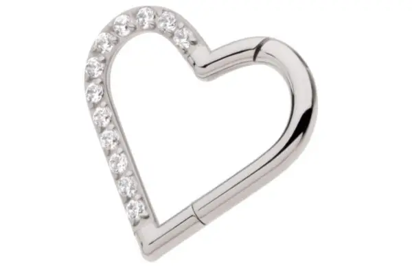 The Heart Clicker - R is a silver titanium carabiner with one side accented by small, round, sparkling clear stones, shown on a plain white background.