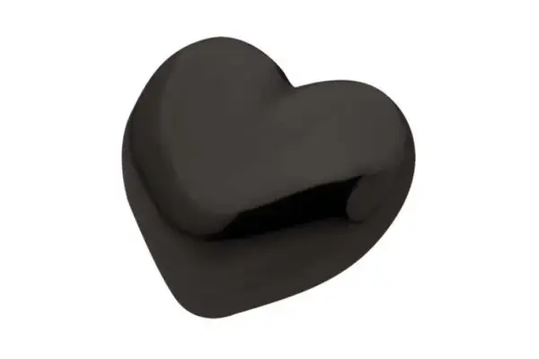 The Black Puffy Heart, featuring gentle curves and a smooth finish, is displayed against a plain white background.