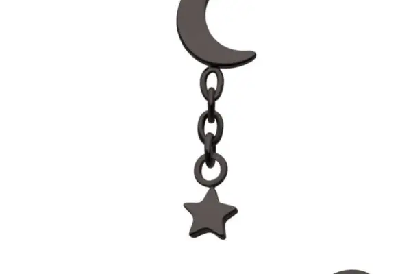 The Black Crescent Moon Dangle earring features a crescent moon connected by two chain links to a dangling star. Shown from front and side views on a white background.