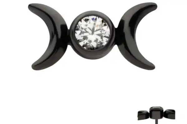 The Black Triple Moon Phase stud earring features a titanium triple moon design with outward-facing crescents and a clear center gem. The image below shows a side view of the earring post.